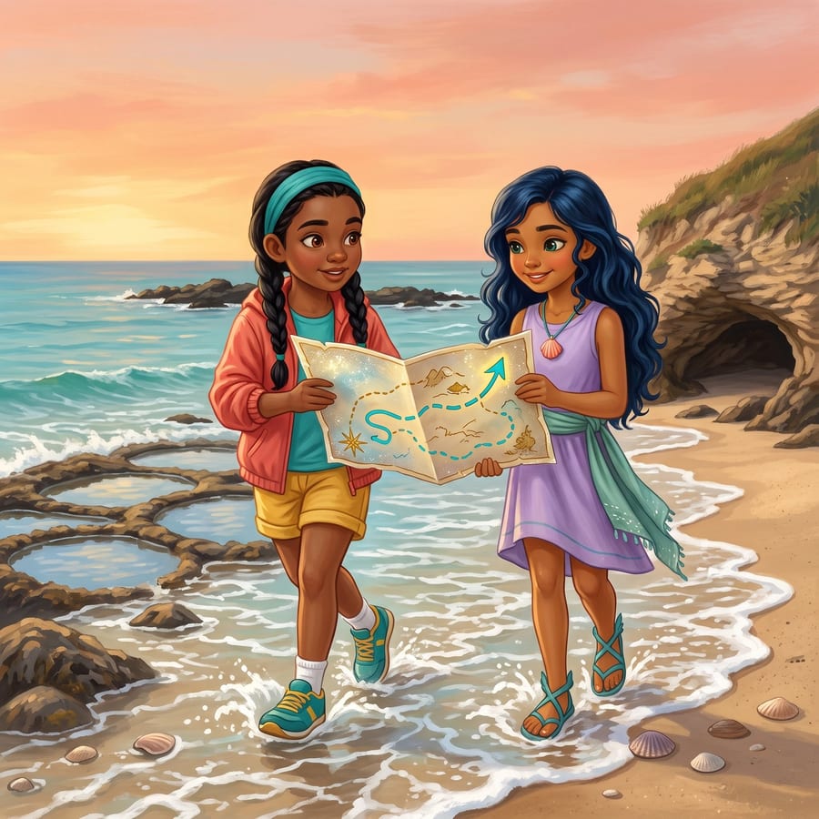 Girl and sea princess wading side by side toward a glowing treasure cove — children's book illustration