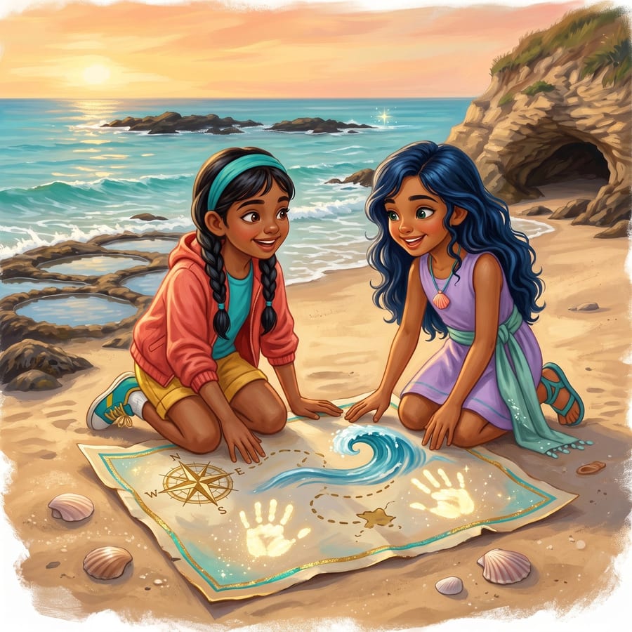 Girl and princess pressing handprints onto a glowing treasure map at sunset — children's book illustration