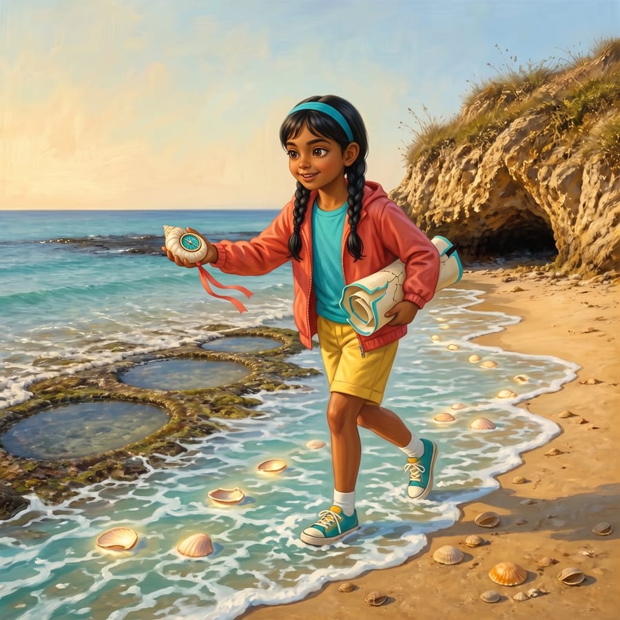 Girl following a glowing shell trail into shallow ocean foam — children's book illustration