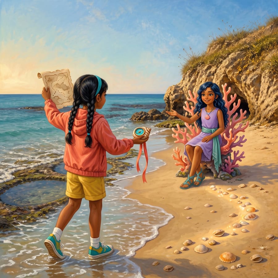 Girl presenting her map to a sea princess on a coral throne — children's book illustration