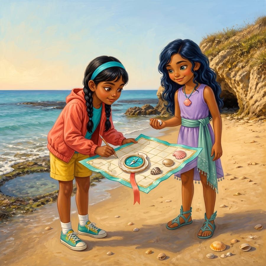 Sea princess offering three patterned shells to a girl by tide pools — children's book illustration