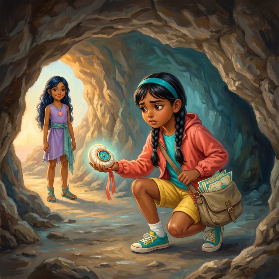 Girl collecting scattered map pieces inside a dim sea cave — children's book illustration