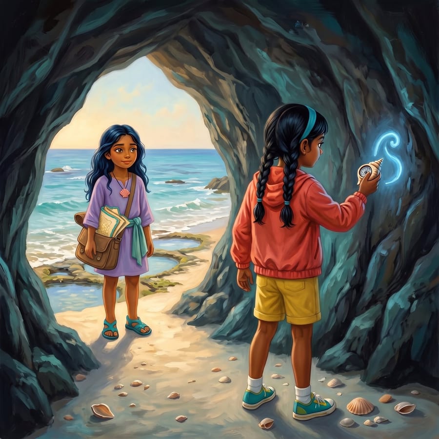 Sea princess pointing at a glowing blue mark on a cave wall — children's book illustration