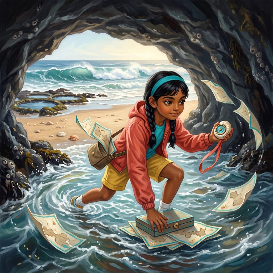 Girl chasing swirling map pieces through a flooding sea cave — children's book illustration