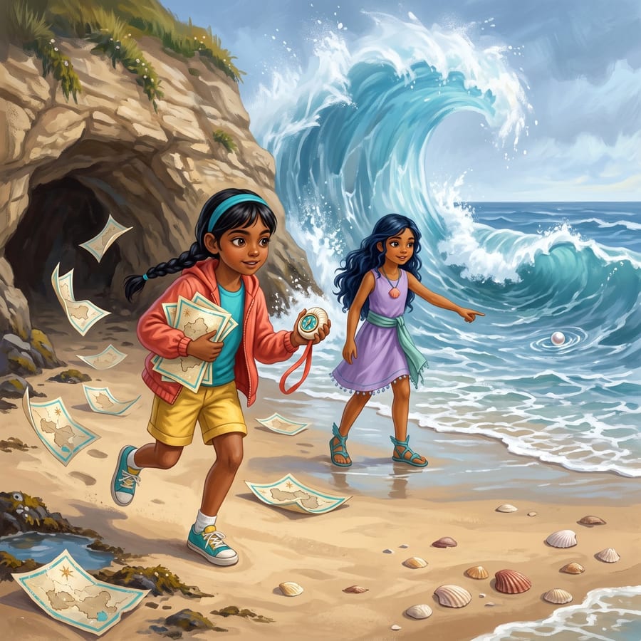 Huge wave scattering glowing map pieces across a sandy beach — children's book illustration