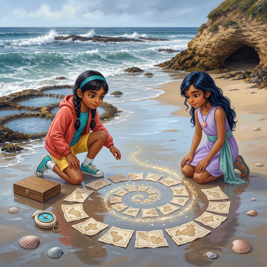 Girl and sea princess kneeling together arranging wet map pieces in a spiral — children's book illustration