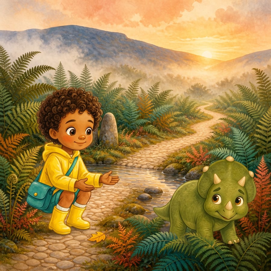 A young child greets a small triceratops in misty green hills — children's book illustration