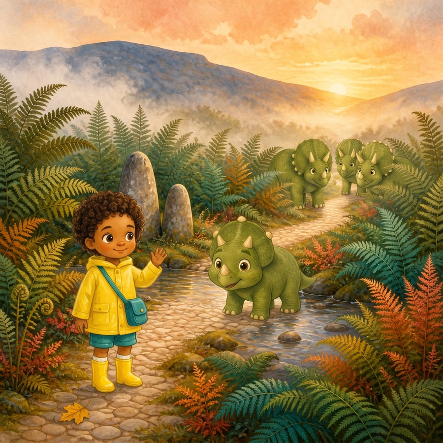 The triceratops rejoins her herd while the child waves goodbye among ferns — children's book illustration
