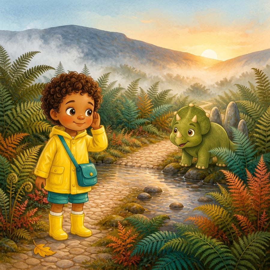 The child listens on a quiet misty path as leaves rustle far away — children's book illustration