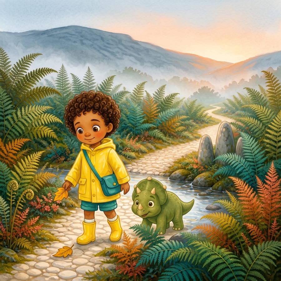 The child makes a soft leaf sound and the triceratops peeks out — children's book illustration