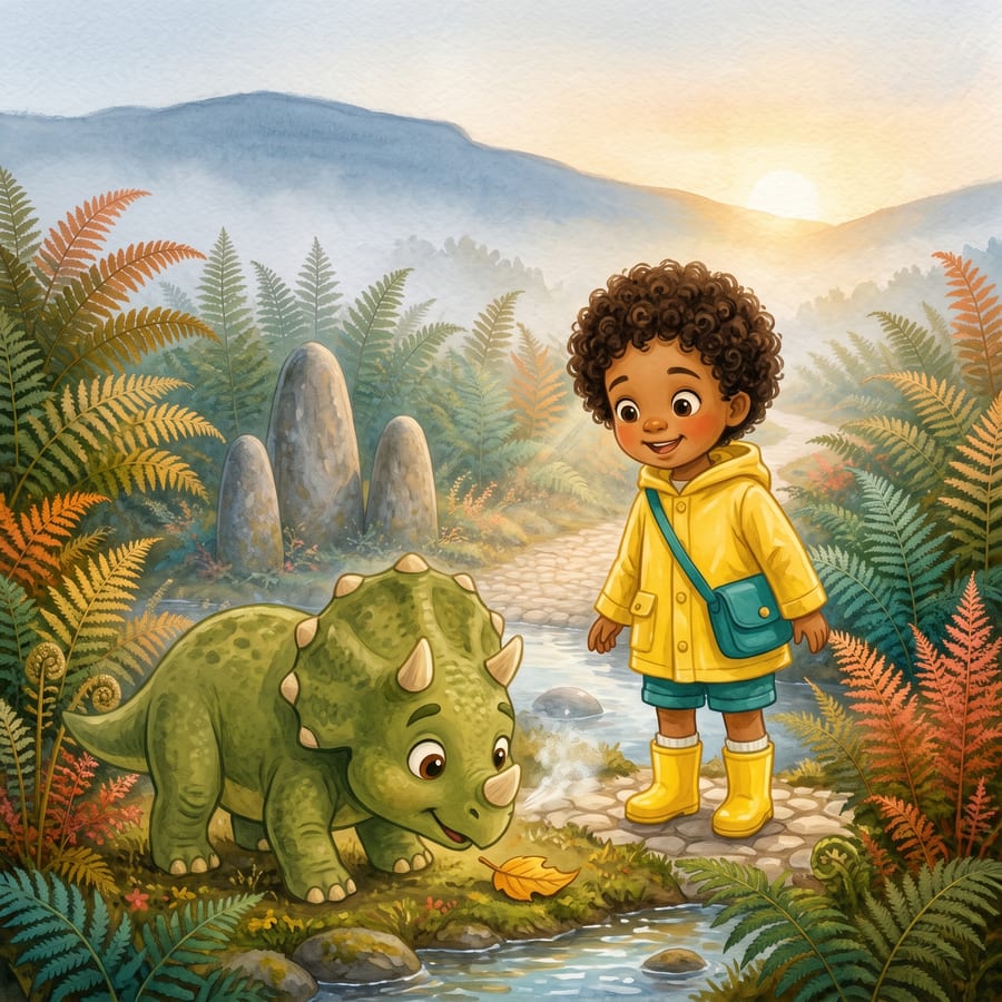 A dewdrop glows like a tiny moon beside the blinking triceratops — children's book illustration