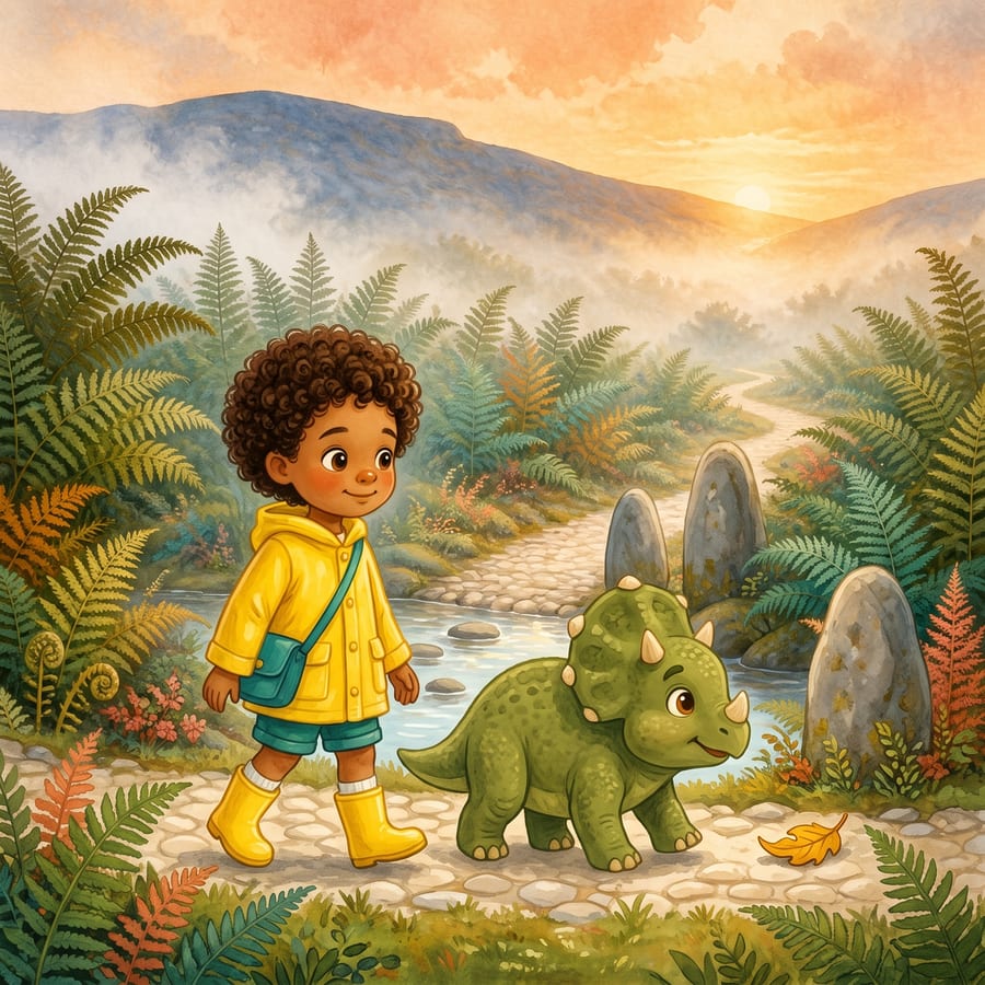 The child offers a fern leaf as the small triceratops steps closer — children's book illustration