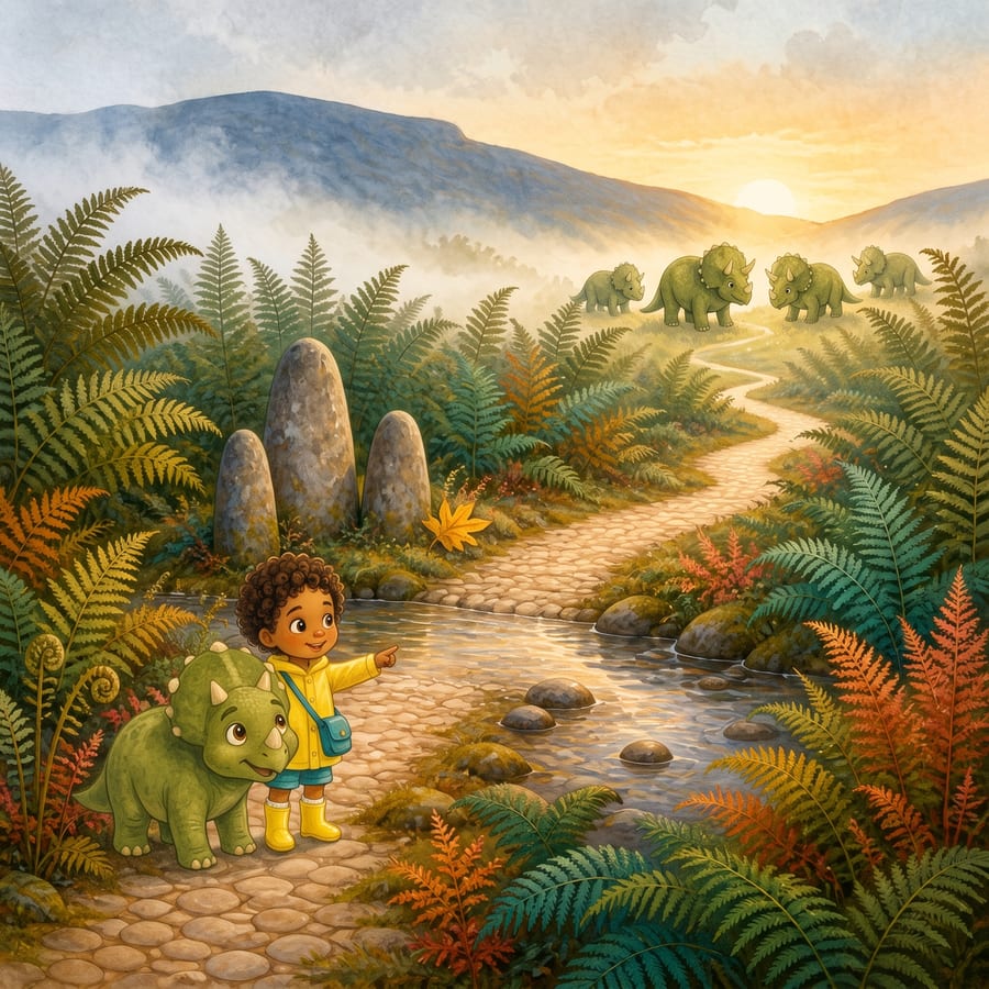 The triceratops spots her herd beyond the mist as the child smiles — children's book illustration