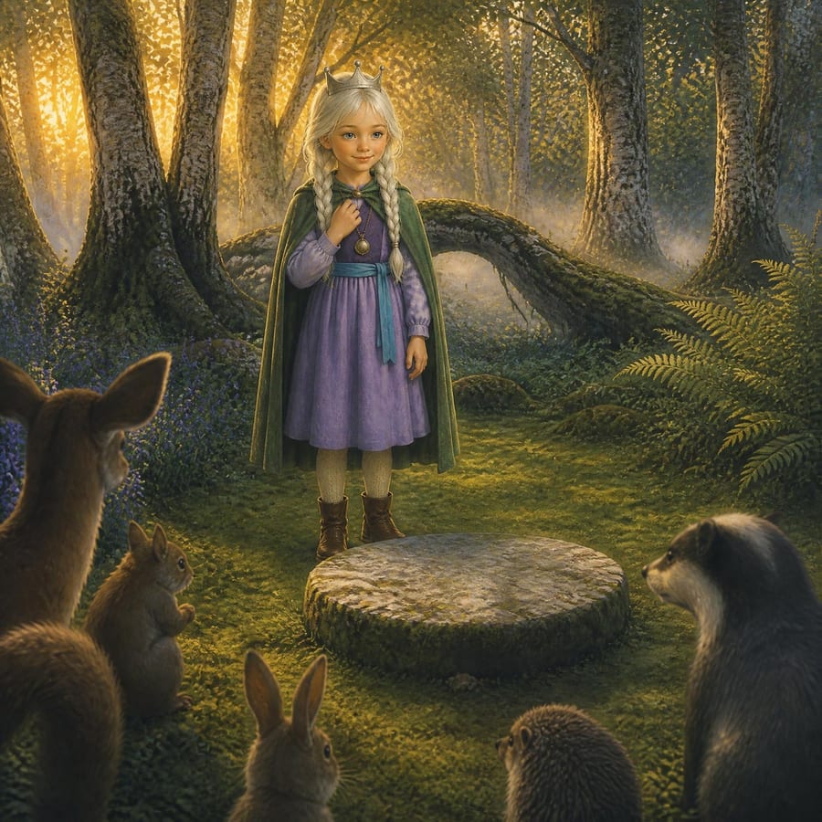 Young princess in silver crown steps into a forest council ring at dawn — children's book illustration