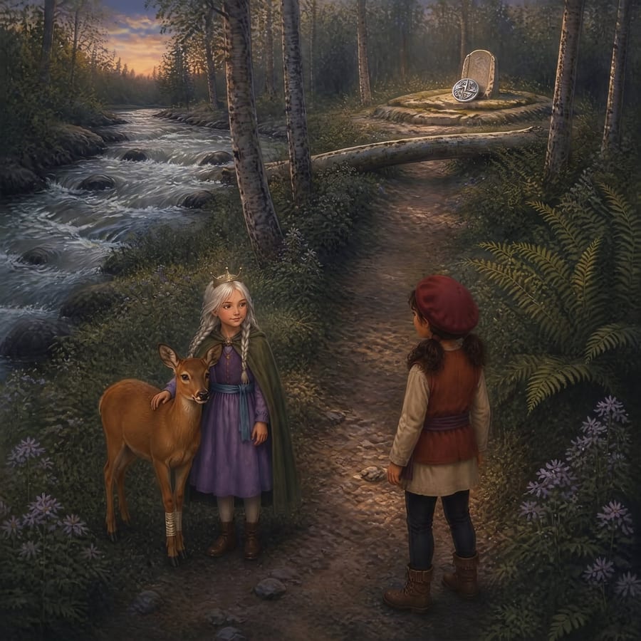 Small silver clasp rests alone on a broad mossy council stone — children's book illustration