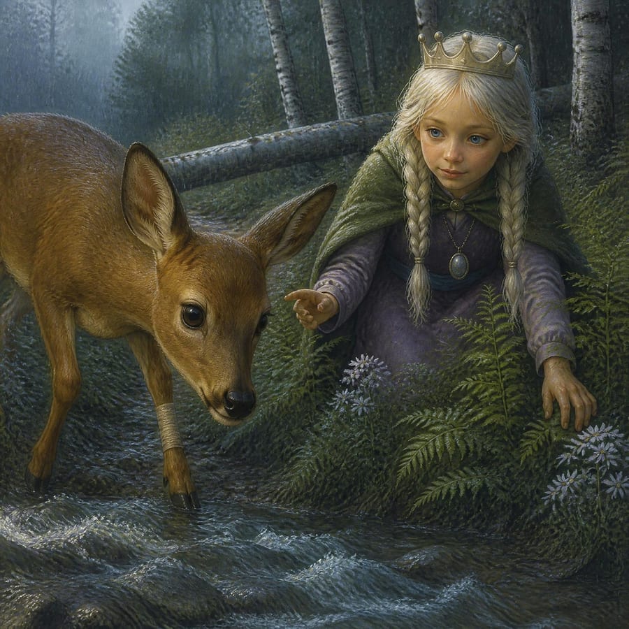 Princess steadies a doe at the edge of a flooded forest creek — children's book illustration