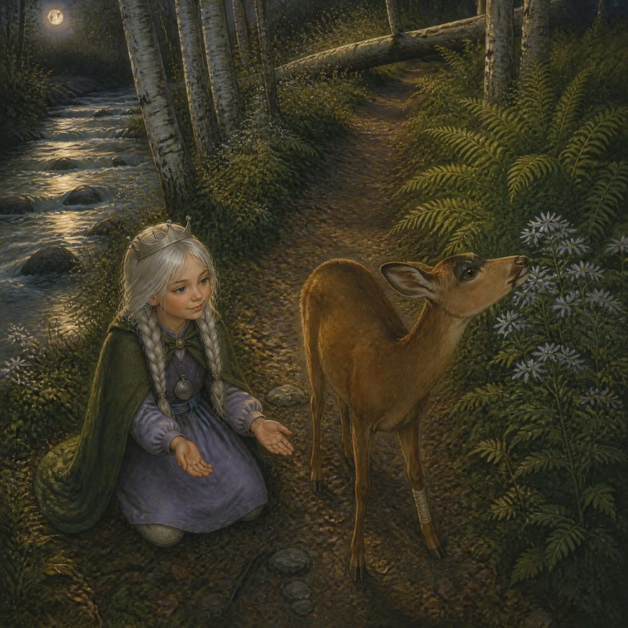 Princess sits quietly on wet leaves as the doe lifts her nose to the wind — children's book illustration