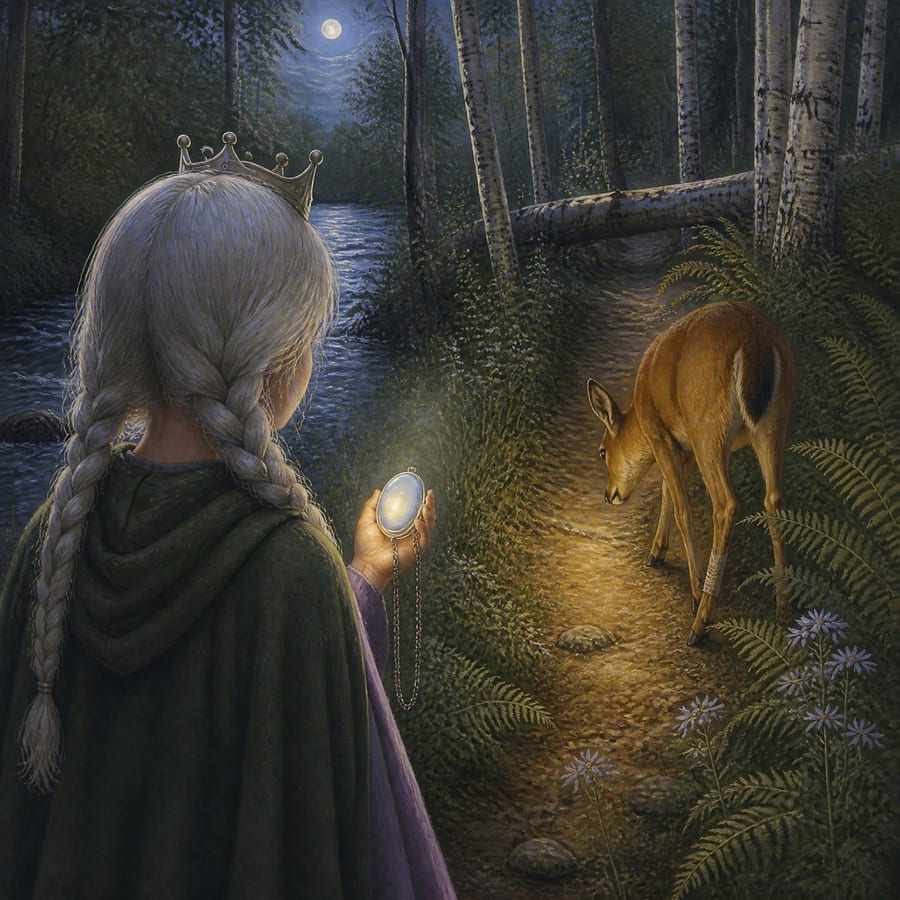 Silver locket catches light and reveals a hidden trail through ferns — children's book illustration