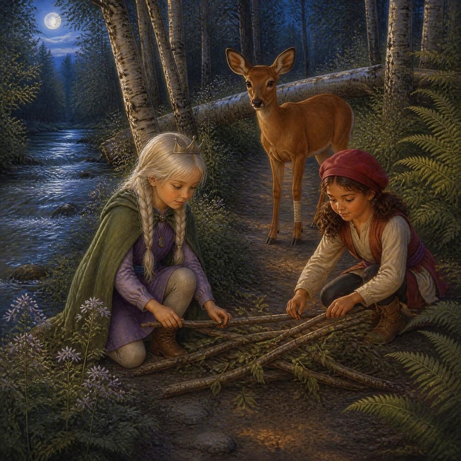 Two princesses build a branch path around a fallen birch for the doe — children's book illustration
