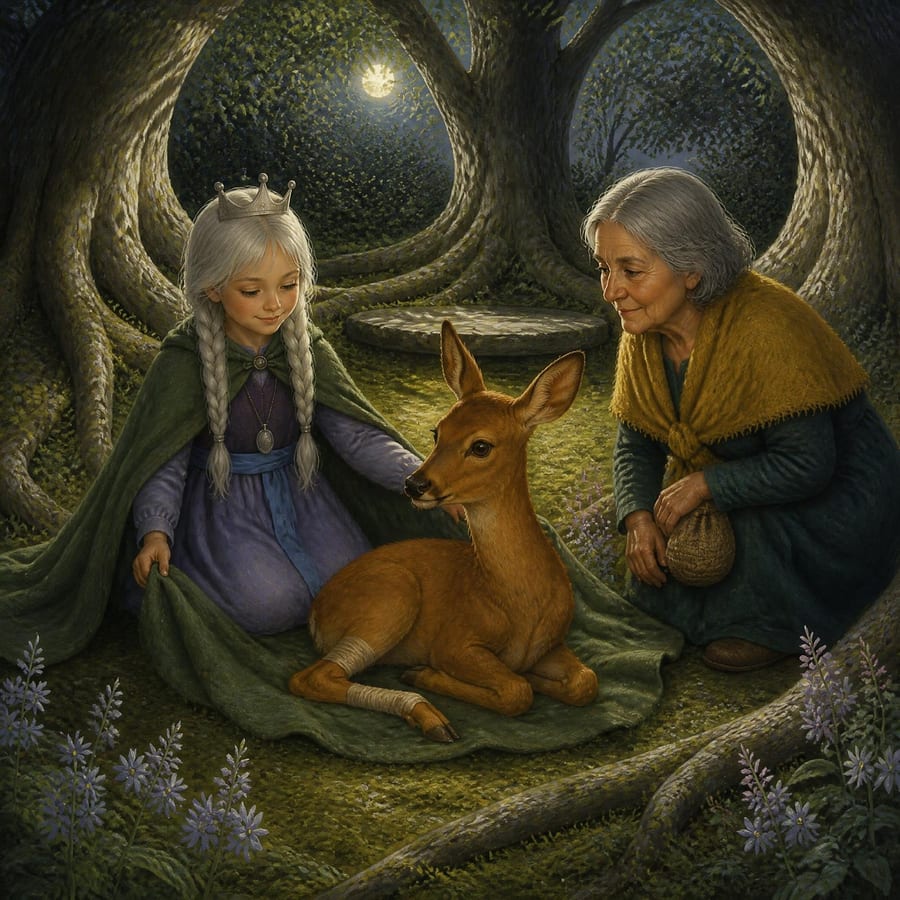 Princess spreads her cape on moonlit moss as a doe prepares to give birth — children's book illustration