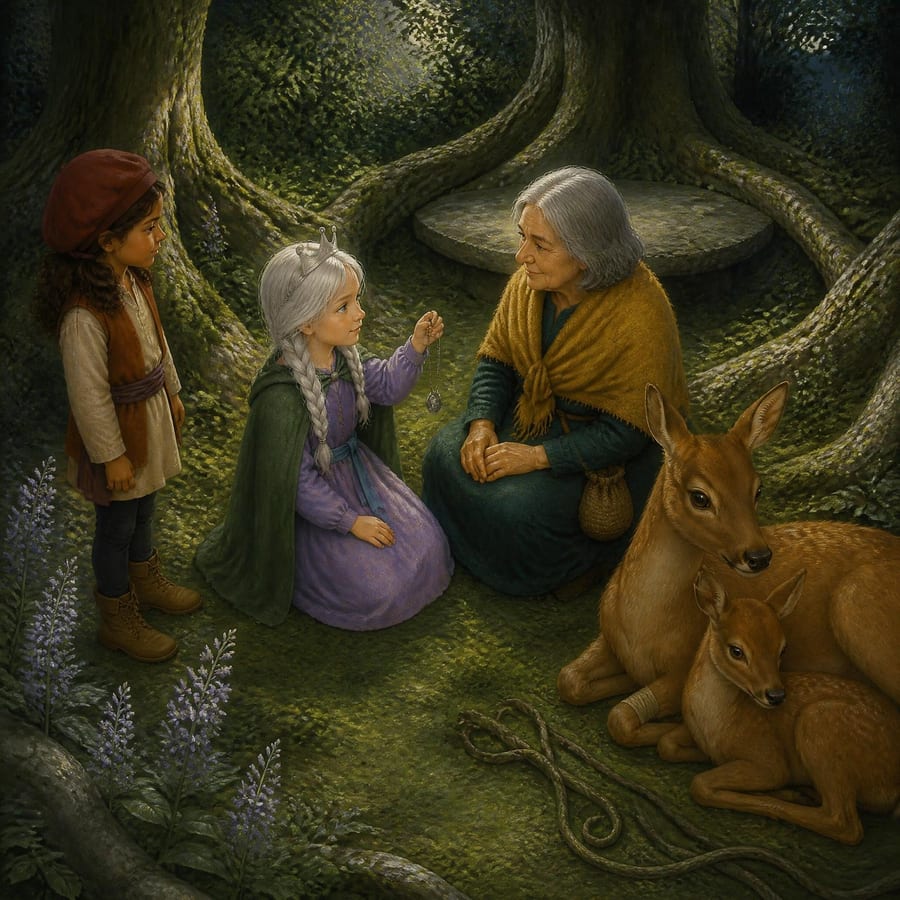 Princess and forest healer work carefully beside the doe in a moonlit hollow — children's book illustration