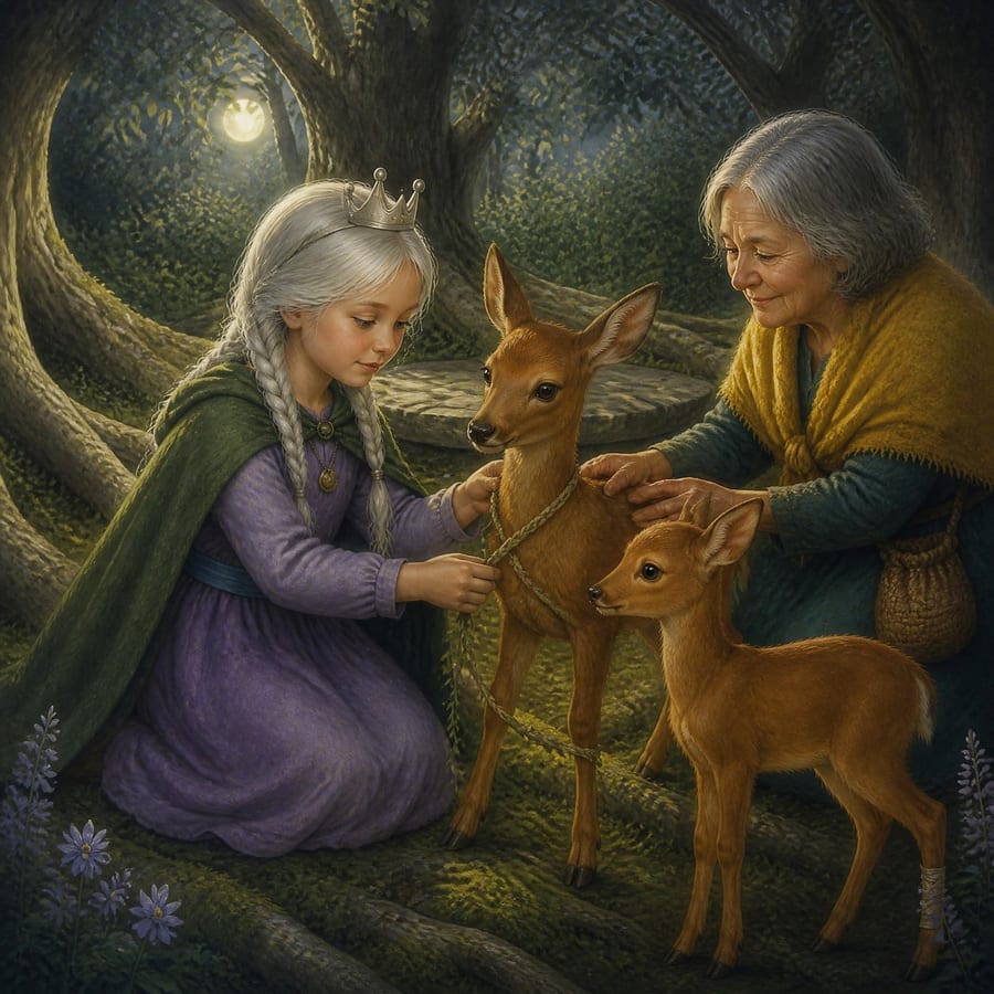 Princess gently frees a tiny spotted fawn in a moonlit forest hollow — children's book illustration