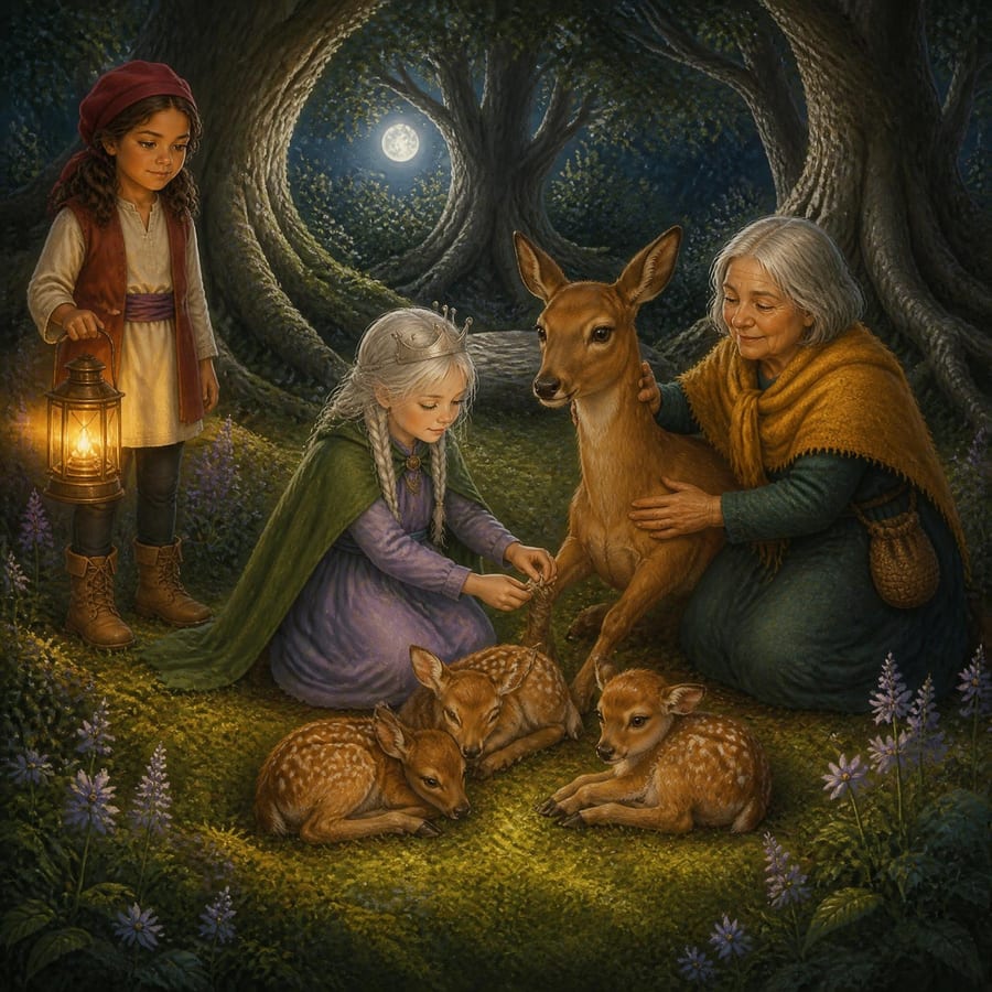 Three newborn fawns curl together on a moonlit moss bed — children's book illustration