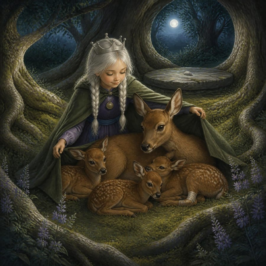 Princess tucks her green cape around a resting doe and three fawns — children's book illustration