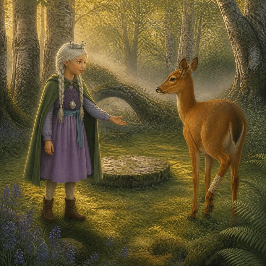 Injured doe with wrapped leg limps into a sunlit forest clearing — children's book illustration