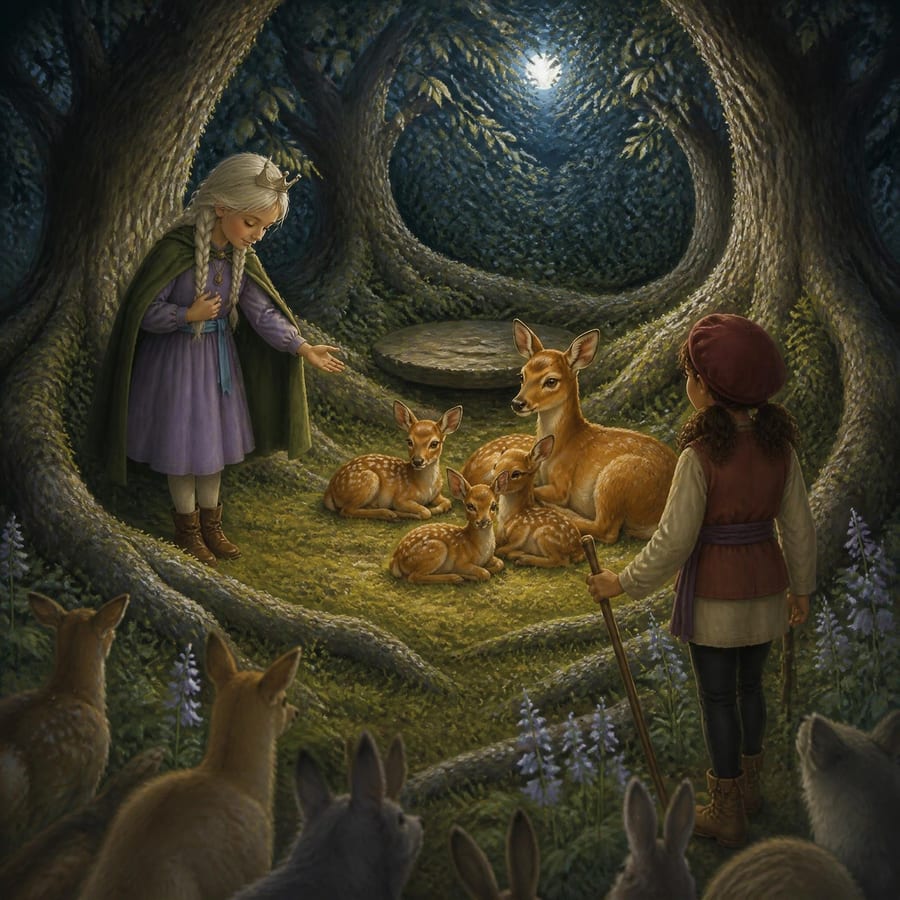 Forest council animals gather in wonder at the moonroot hollow entrance — children's book illustration