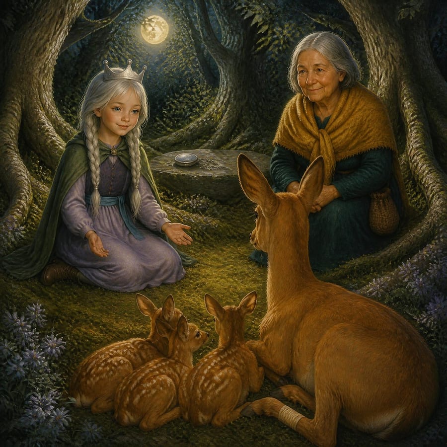 Doe speaks to a silent forest council while princess places her locket nearby — children's book illustration
