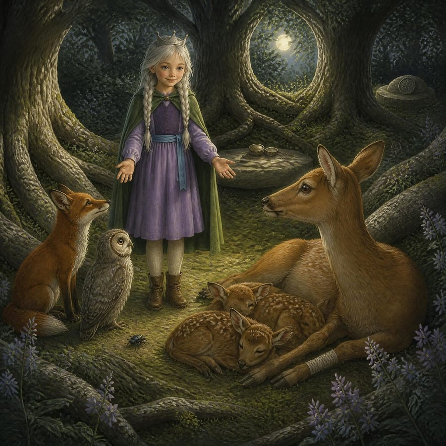 Princess opens her hands to a waiting fox, owl, and beetle on a forest path — children's book illustration