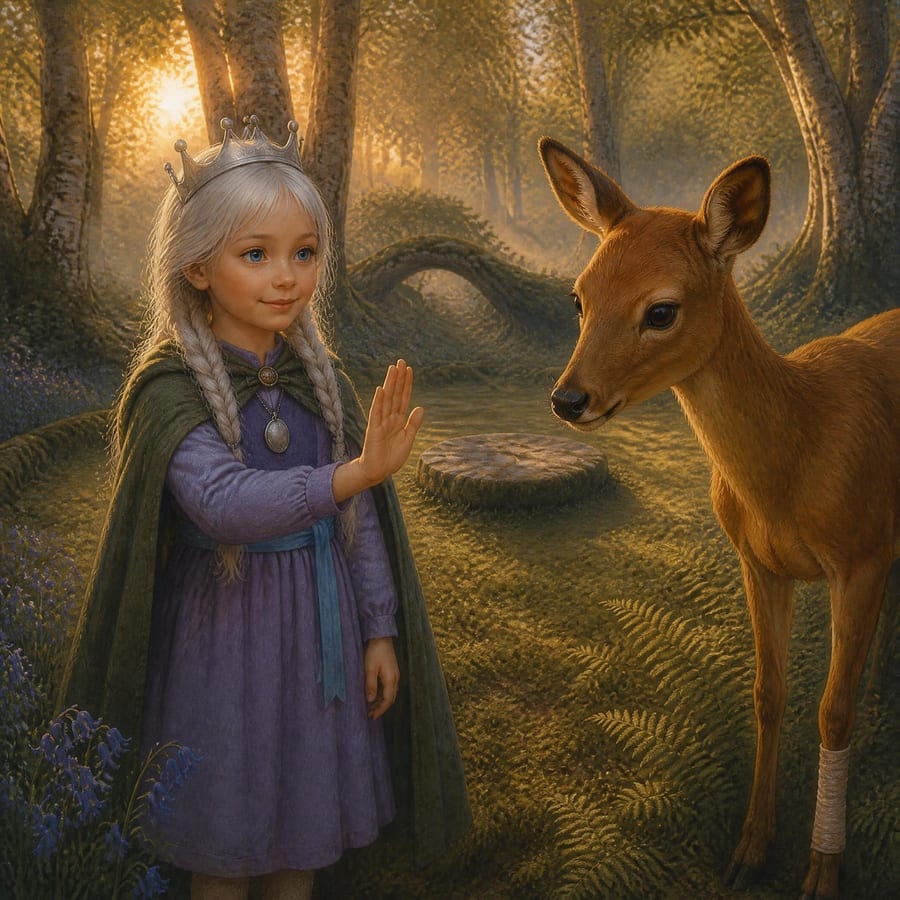 Princess raises her hand to silence a trembling doe at the forest ring — children's book illustration