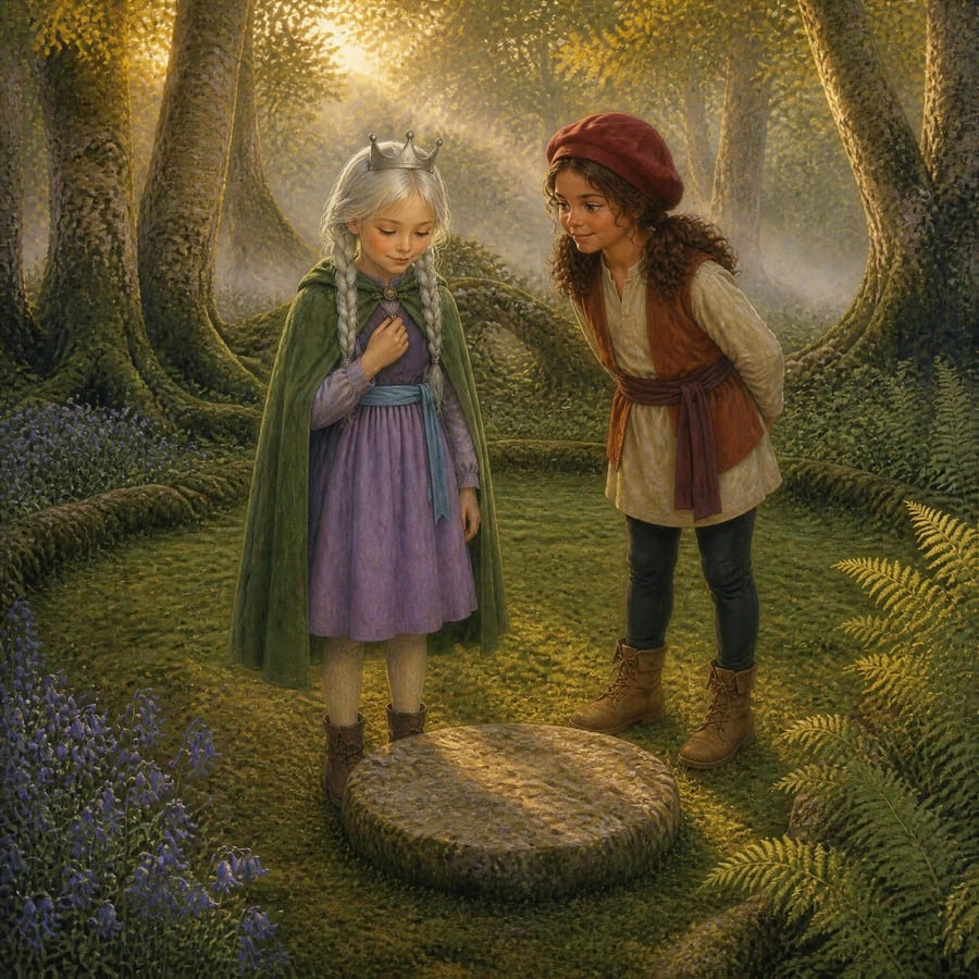 Two young princesses whisper together near the mossy council stone — children's book illustration