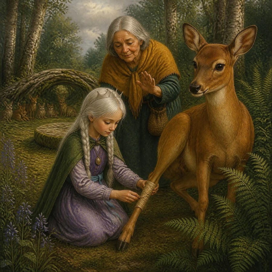 Forest healer and princess kneel beside a trembling doe on a mossy path — children's book illustration