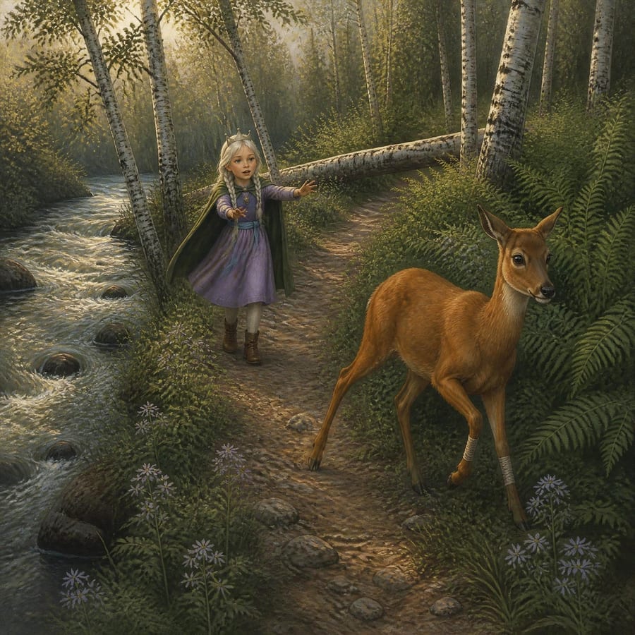 Princess chases a frightened doe toward shadowy moonroot trees — children's book illustration