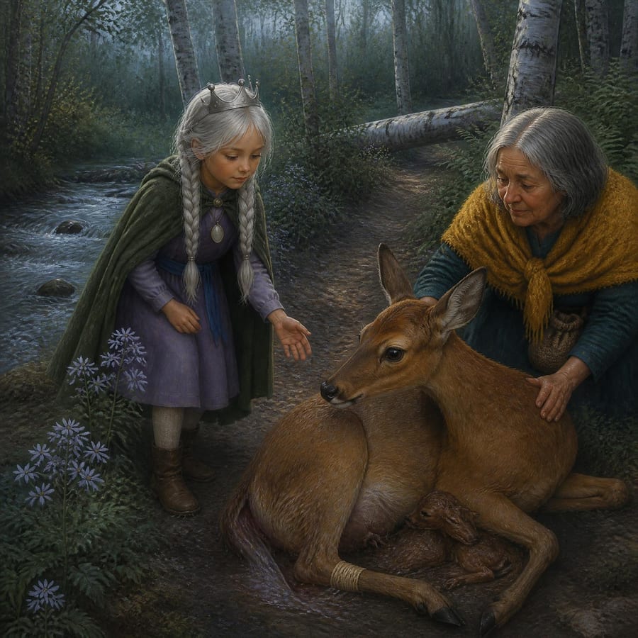 Princess and healer kneel beside a fallen doe beneath a darkening forest sky — children's book illustration