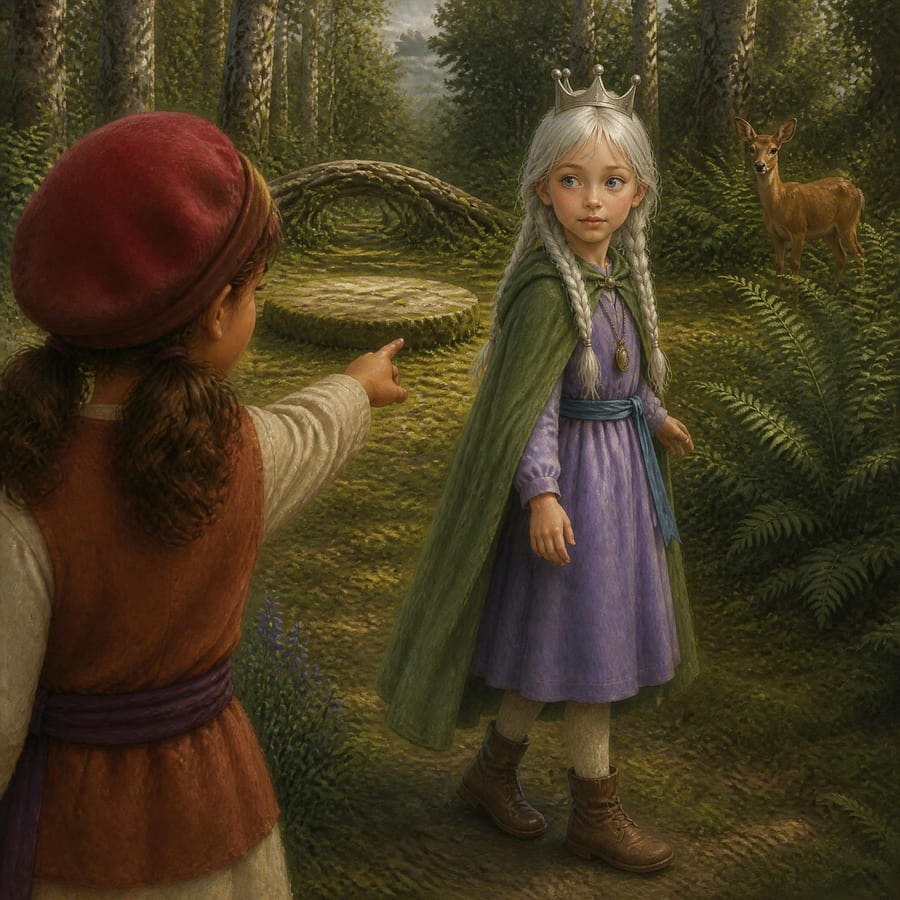 Princess looks back at the council clearing, then turns toward the frightened doe — children's book illustration